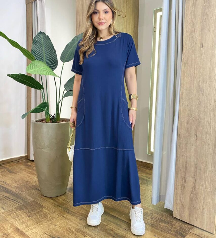 Vestido Longo sem Bojo Moletinho Manga Curta com Detalhes Azul - Fernanda Ramos Store