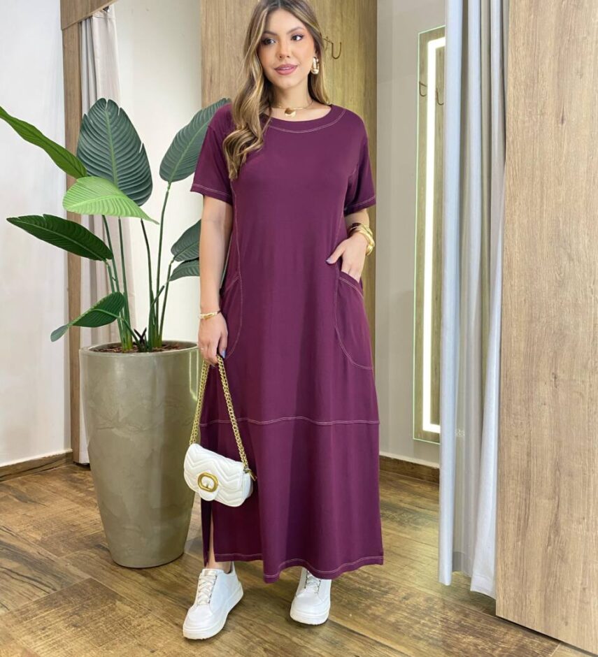 Vestido Longo sem Bojo Moletinho Manga Curta com Detalhes Marsala - Fernanda Ramos Store