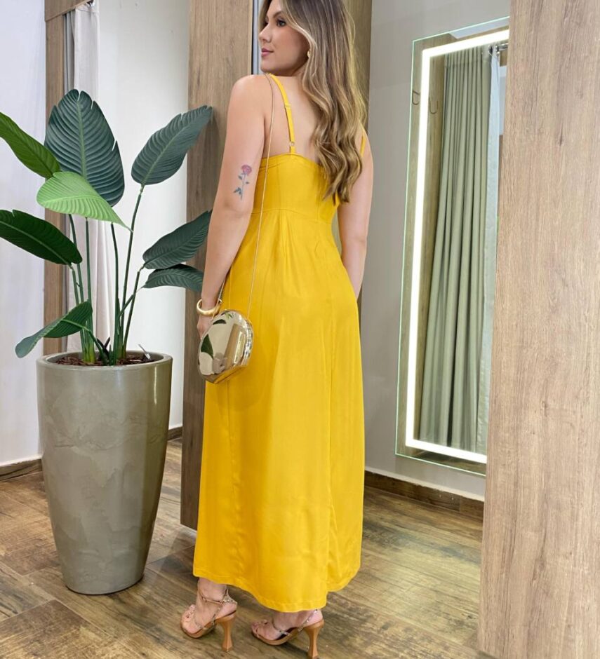 Vestido Midi Alça Fina sem Bojo Fenda Assimétrica Frontal Amarelo - Fernanda Ramos Store