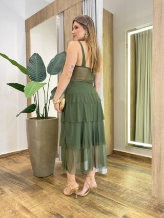 Vestido Midi Gabrieli com Bojo Tule Verde Musgo - Fernanda Ramos Store