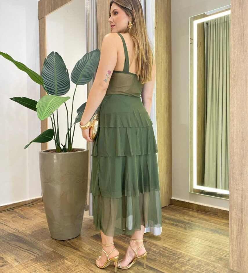 Vestido Midi Gabrieli com Bojo Tule Verde Musgo - Fernanda Ramos Store