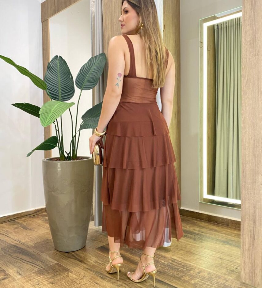 Vestido Midi Gabrieli com Bojo Tule Caramelo - Fernanda Ramos Store