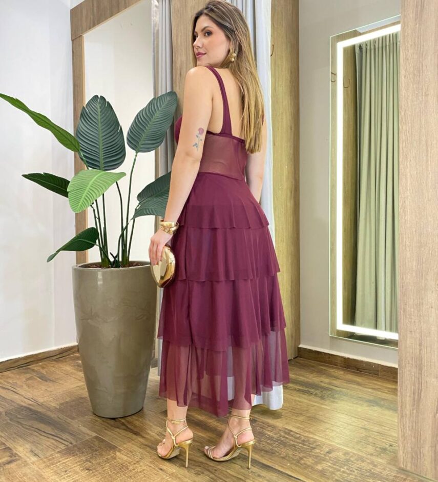 Vestido Midi Gabrieli com Bojo Tule Marsala - Fernanda Ramos Store