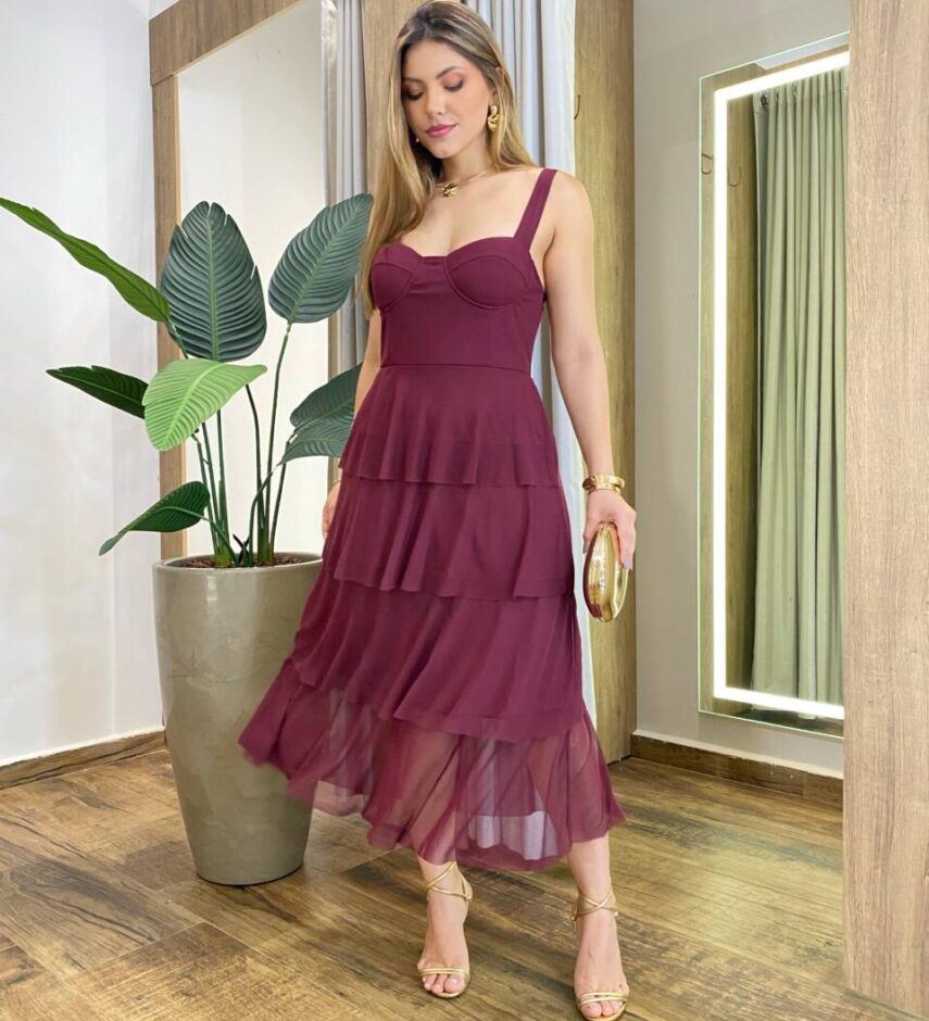 Vestido Midi Gabrieli com Bojo Tule Marsala - Fernanda Ramos Store