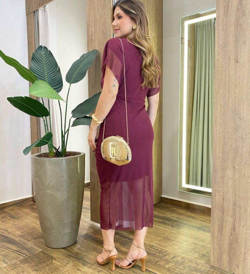 Vestido Midi Jéssica Tule sem Bojo Fenda Frontal Vinho - Fernanda Ramos Store