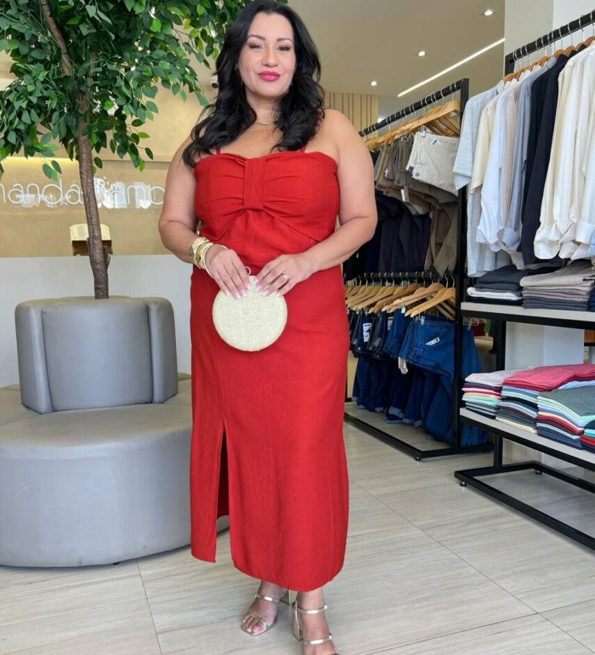 Vestido Midi Plus com Bojo Detalhe e Lastex nas Costas TerraCota - Fernanda Ramos Store