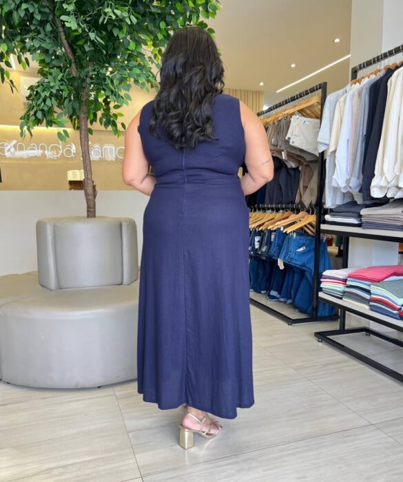 Vestido Midi Plus sem Bojo Linho com Fendas Laterais Azul - Fernanda Ramos Store