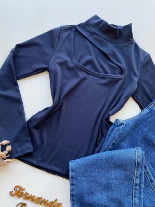 Blusa Feminina Canelada Milly sem Bojo com Recorte Azul - Fernanda Ramos Store