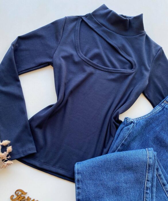 Blusa Feminina Canelada Milly sem Bojo com Recorte Azul - Fernanda Ramos Store