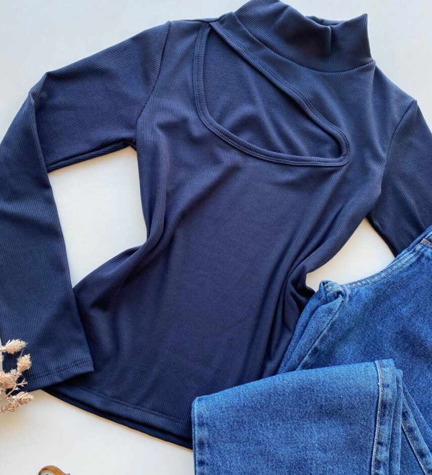 Blusa Feminina Canelada Milly sem Bojo com Recorte Azul - Fernanda Ramos Store