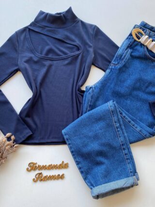 Blusa Feminina Canelada Milly sem Bojo com Recorte Azul - Fernanda Ramos Store