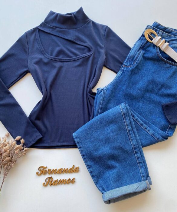 Blusa Feminina Canelada Milly sem Bojo com Recorte Azul - Fernanda Ramos Store