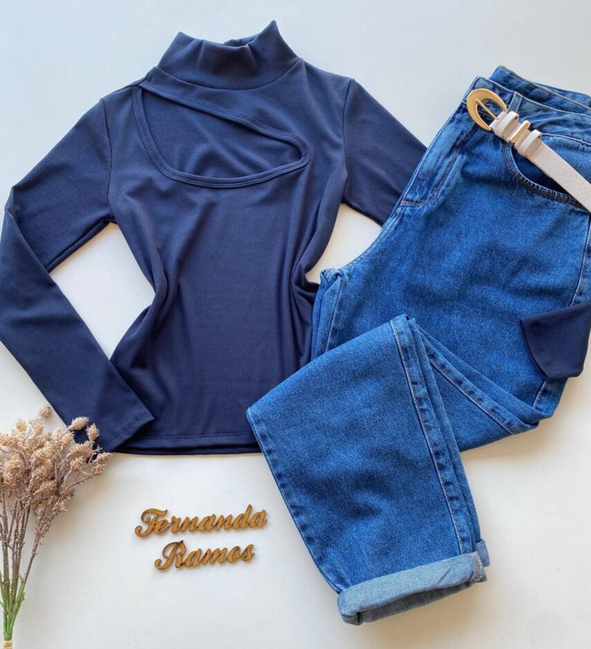 Blusa Feminina Canelada Milly sem Bojo com Recorte Azul - Fernanda Ramos Store