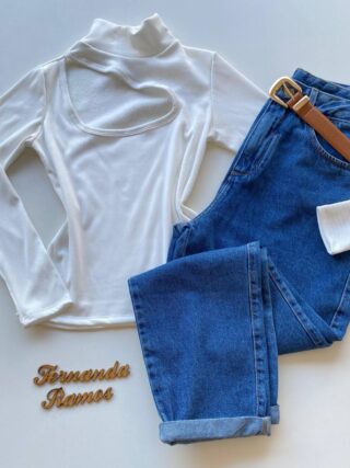 Blusa Feminina Canelada Milly sem Bojo com Recorte Branca - Fernanda Ramos Store