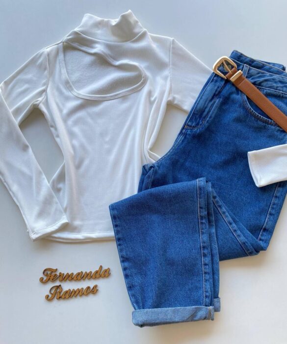 Blusa Feminina Canelada Milly sem Bojo com Recorte Branca - Fernanda Ramos Store