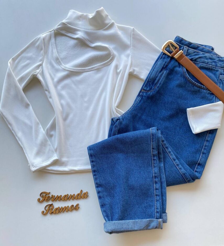 Blusa Feminina Canelada Milly sem Bojo com Recorte Branca - Fernanda Ramos Store