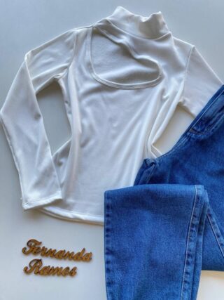 Blusa Feminina Canelada Milly sem Bojo com Recorte Branca - Fernanda Ramos Store