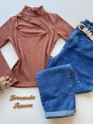 Blusa Feminina Canelada Milly sem Bojo com Recorte Marrom - Fernanda Ramos Store