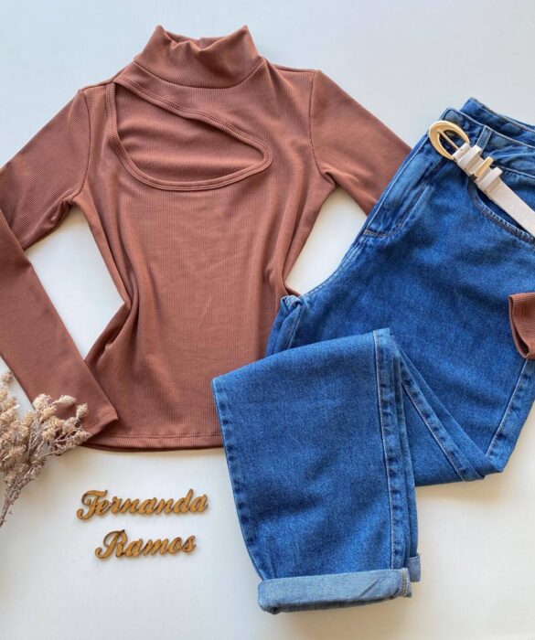 Blusa Feminina Canelada Milly sem Bojo com Recorte Marrom - Fernanda Ramos Store
