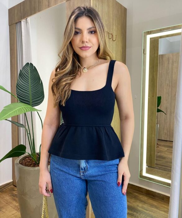 Blusa Feminina Cibelle Tricot Modal sem Bojo com Alça Preta - Fernanda Ramos Store