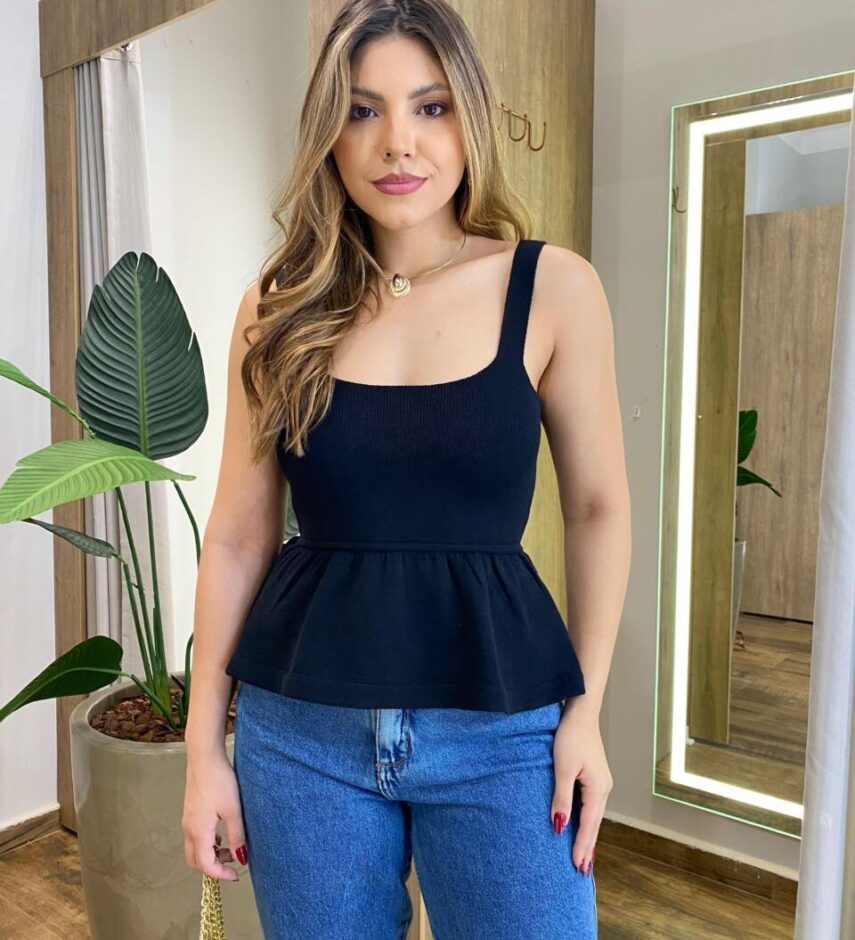 Blusa Feminina Cibelle Tricot Modal sem Bojo com Alça Preta - Fernanda Ramos Store