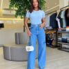 Blusa Feminina Gilbert Manga Curta com Aplicações Flor Azul - Fernanda Ramos Store