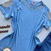 Blusa Feminina Grey Manga Curta com Bordado na Gola Azul - Fernanda Ramos Store
