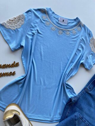 Blusa Feminina Grey Manga Curta com Bordado na Gola Azul - Fernanda Ramos Store