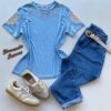Blusa Feminina Grey Manga Curta com Bordado na Gola Azul - Fernanda Ramos Store