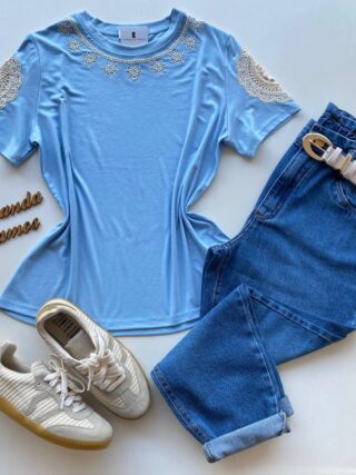 Blusa Feminina Grey Manga Curta com Bordado na Gola Azul - Fernanda Ramos Store