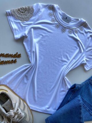 Blusa Feminina Grey Manga Curta com Bordado na Gola Branca - Fernanda Ramos Store