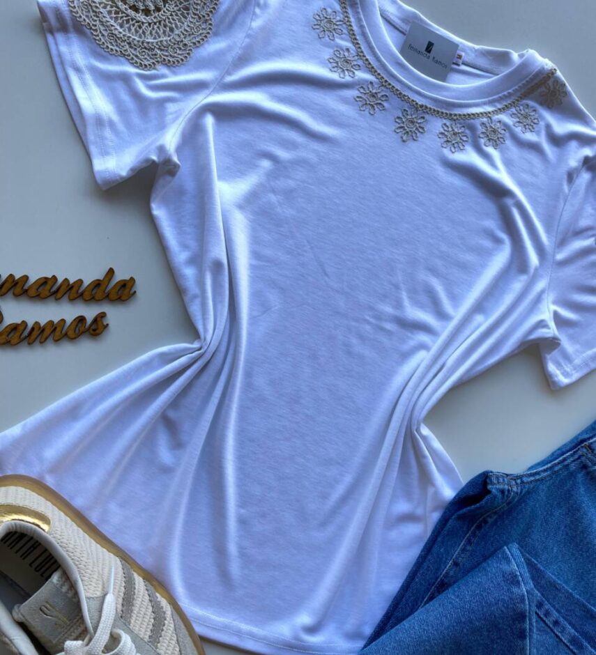Blusa Feminina Grey Manga Curta com Bordado na Gola Branca - Fernanda Ramos Store
