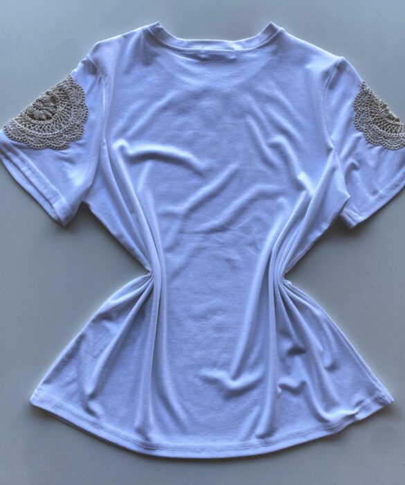 Blusa Feminina Grey Manga Curta com Bordado na Gola Branca - Fernanda Ramos Store