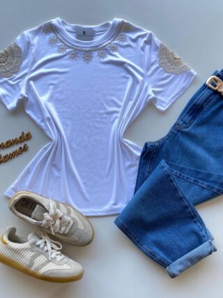 Blusa Feminina Grey Manga Curta com Bordado na Gola Branca - Fernanda Ramos Store