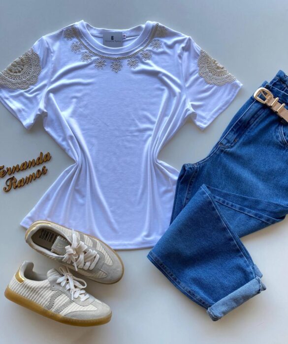Blusa Feminina Grey Manga Curta com Bordado na Gola Branca - Fernanda Ramos Store