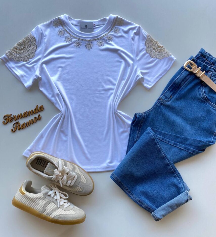 Blusa Feminina Grey Manga Curta com Bordado na Gola Branca - Fernanda Ramos Store
