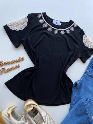 Blusa Feminina Grey Manga Curta com Bordado na Gola Preta - Fernanda Ramos Store