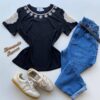 Blusa Feminina Grey Manga Curta com Bordado na Gola Preta - Fernanda Ramos Store