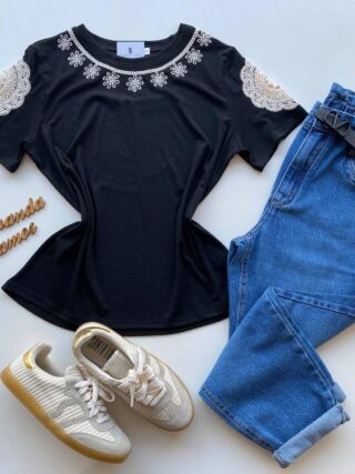 Blusa Feminina Grey Manga Curta com Bordado na Gola Preta - Fernanda Ramos Store