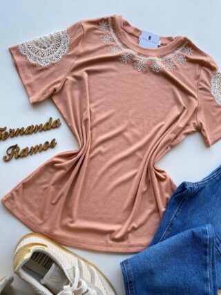 Blusa Feminina Grey Manga Curta com Bordado na Gola Salmão - Fernanda Ramos Store