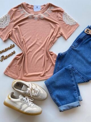 Blusa Feminina Grey Manga Curta com Bordado na Gola Salmão - Fernanda Ramos Store