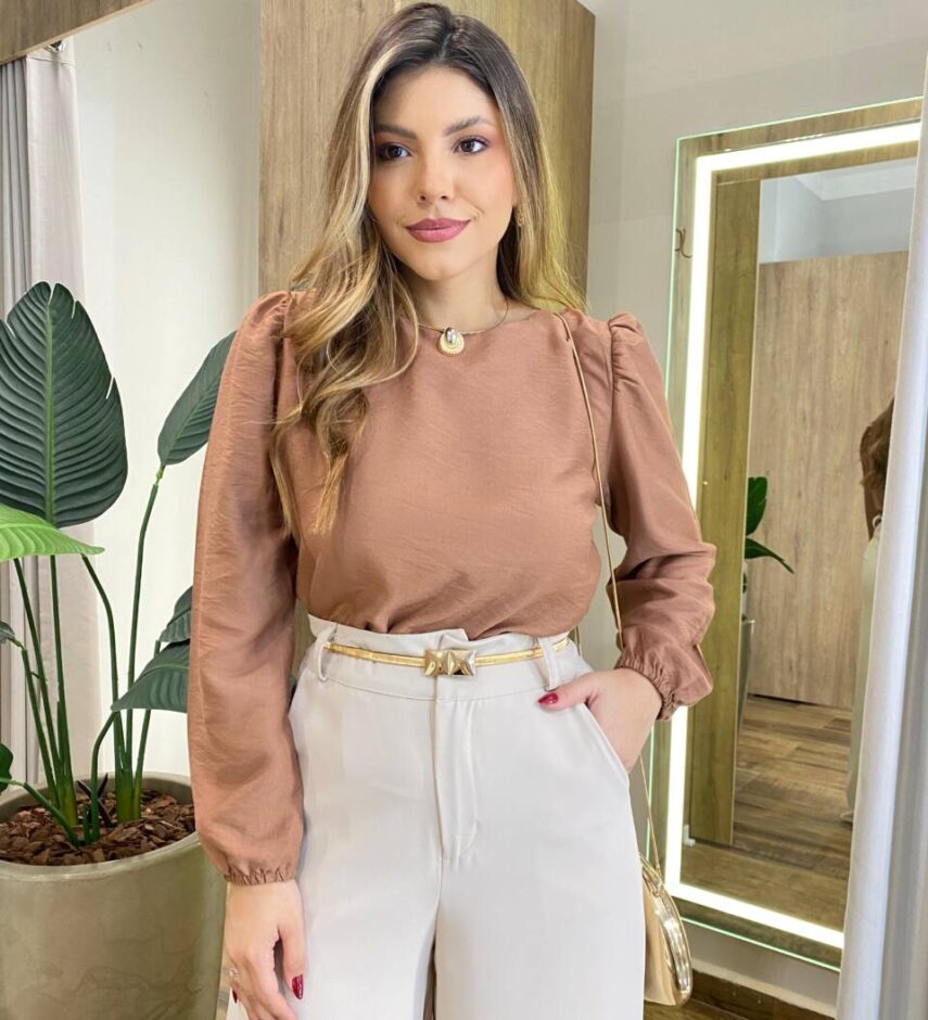 Blusa Feminina Katy Manga Longa Princesa Bege Escuro - Fernanda Ramos Store