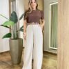 Blusa Feminina Manga Curta Lety em Crepe Marrom - Fernanda Ramos Store