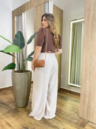 Blusa Feminina Manga Curta Lety em Crepe Marrom - Fernanda Ramos Store