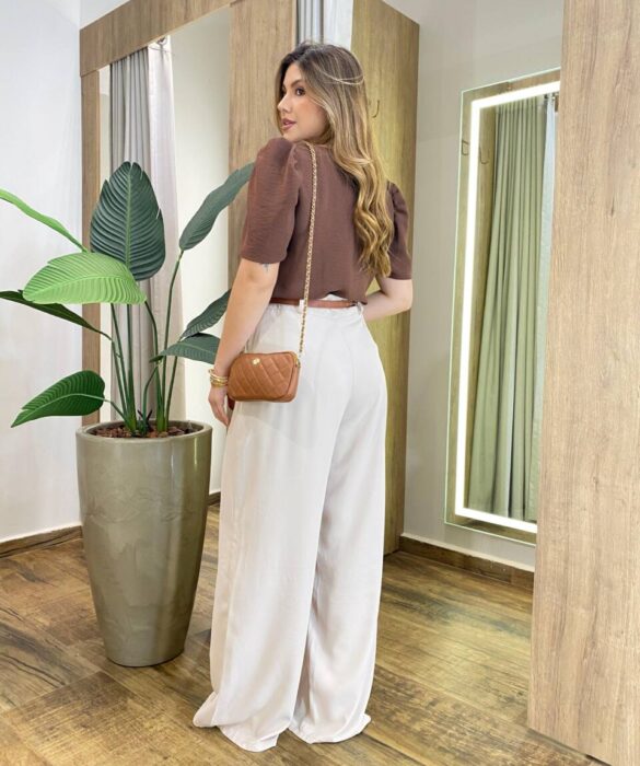Blusa Feminina Manga Curta Lety em Crepe Marrom - Fernanda Ramos Store