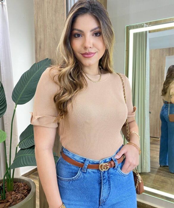 Blusa Feminina Manga Curta Modal Natalia F-548 Bege - Fernanda Ramos Store