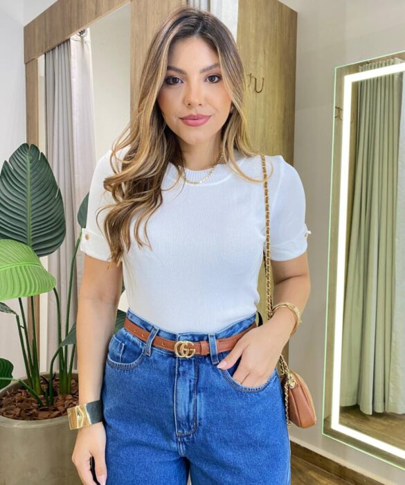 Blusa Feminina Manga Curta Modal Natalia F-548 Branca - Fernanda Ramos Store
