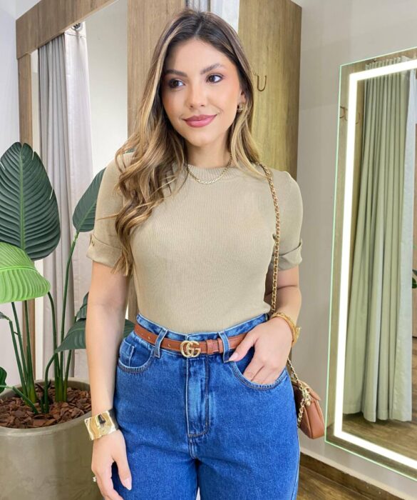 Blusa Feminina Manga Curta Modal Natalia F-548 Caqui - Fernanda Ramos Store