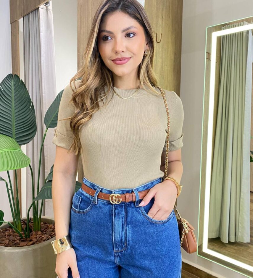 Blusa Feminina Manga Curta Modal Natalia F-548 Caqui - Fernanda Ramos Store