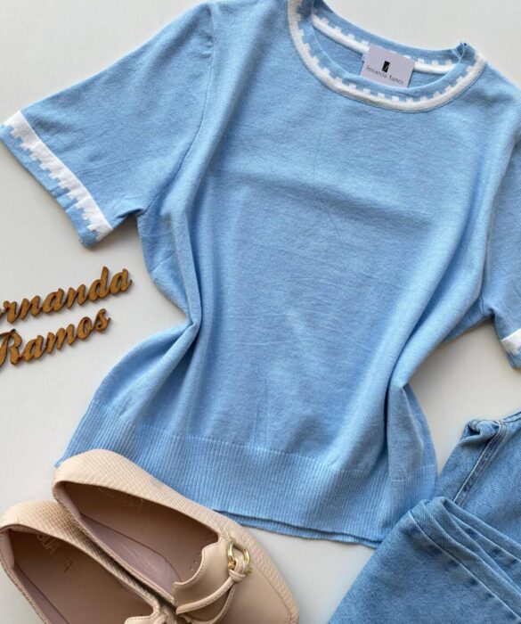 Blusa Feminina Manga Curta Modal Zuri C7570 Azul Bebê - Fernanda Ramos Store